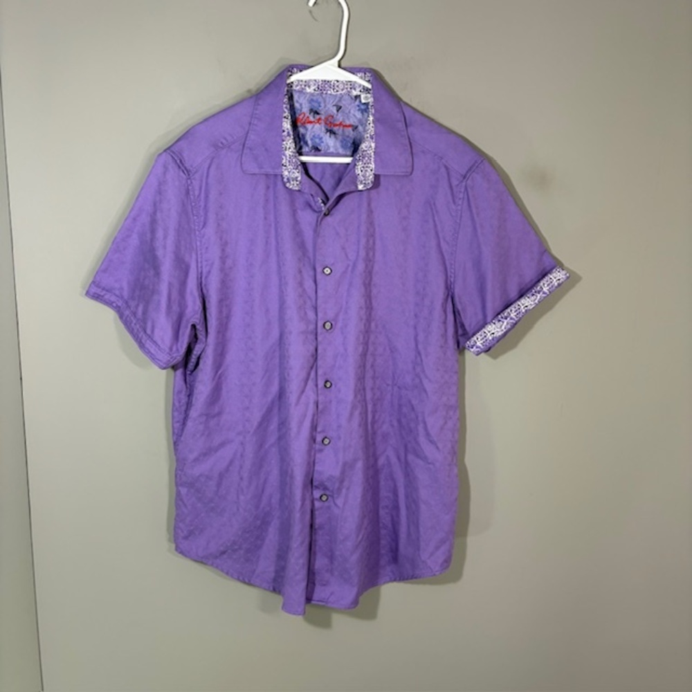 Robert Graham Shirt Mens 2XL Purple Solid Short Sleeve Button Up Cotton Casual